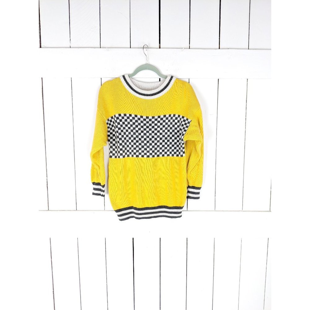 Vintage 90s Cherokee yellow black white checkered striped pullover knit sweater